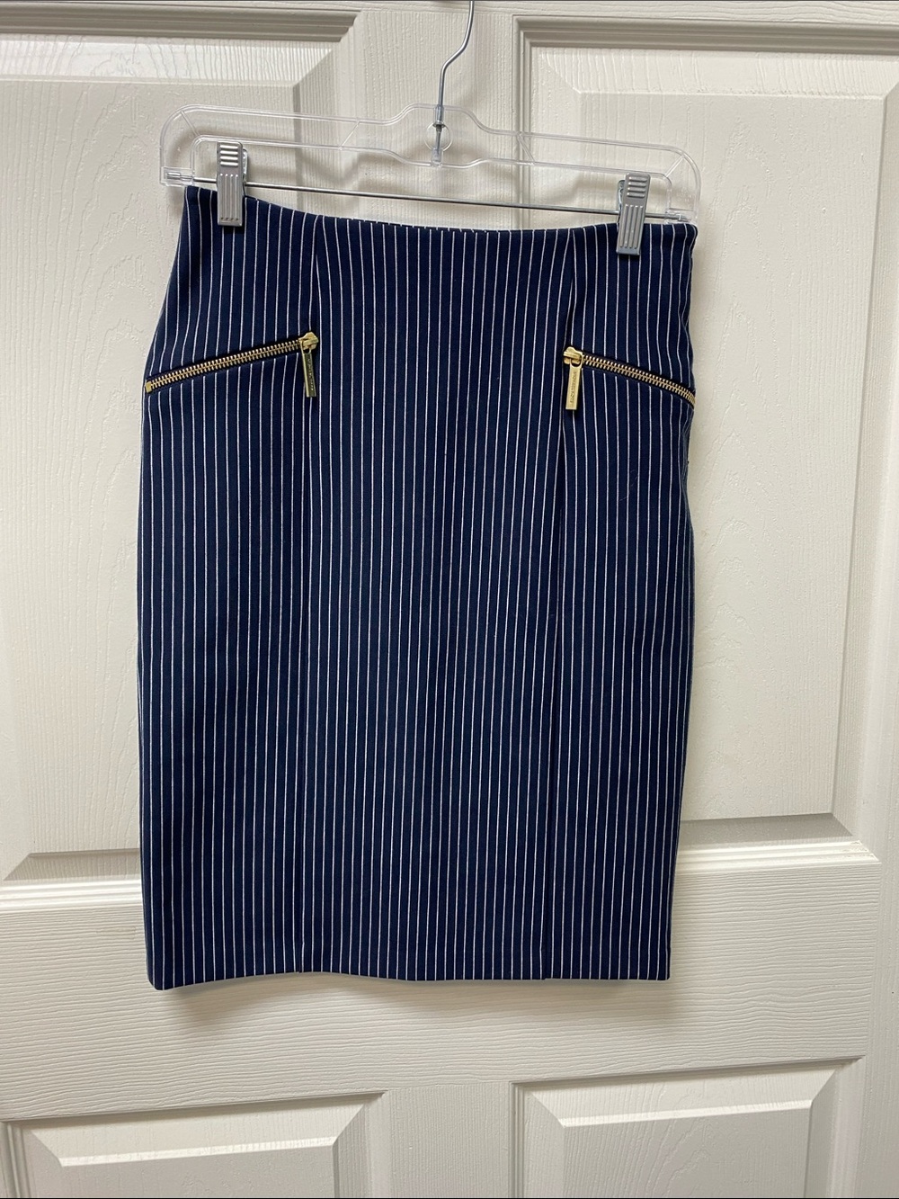 MICHAEL Michael Kors Navy Pinstripe Pencil Skirt with Gold Zipper Accents